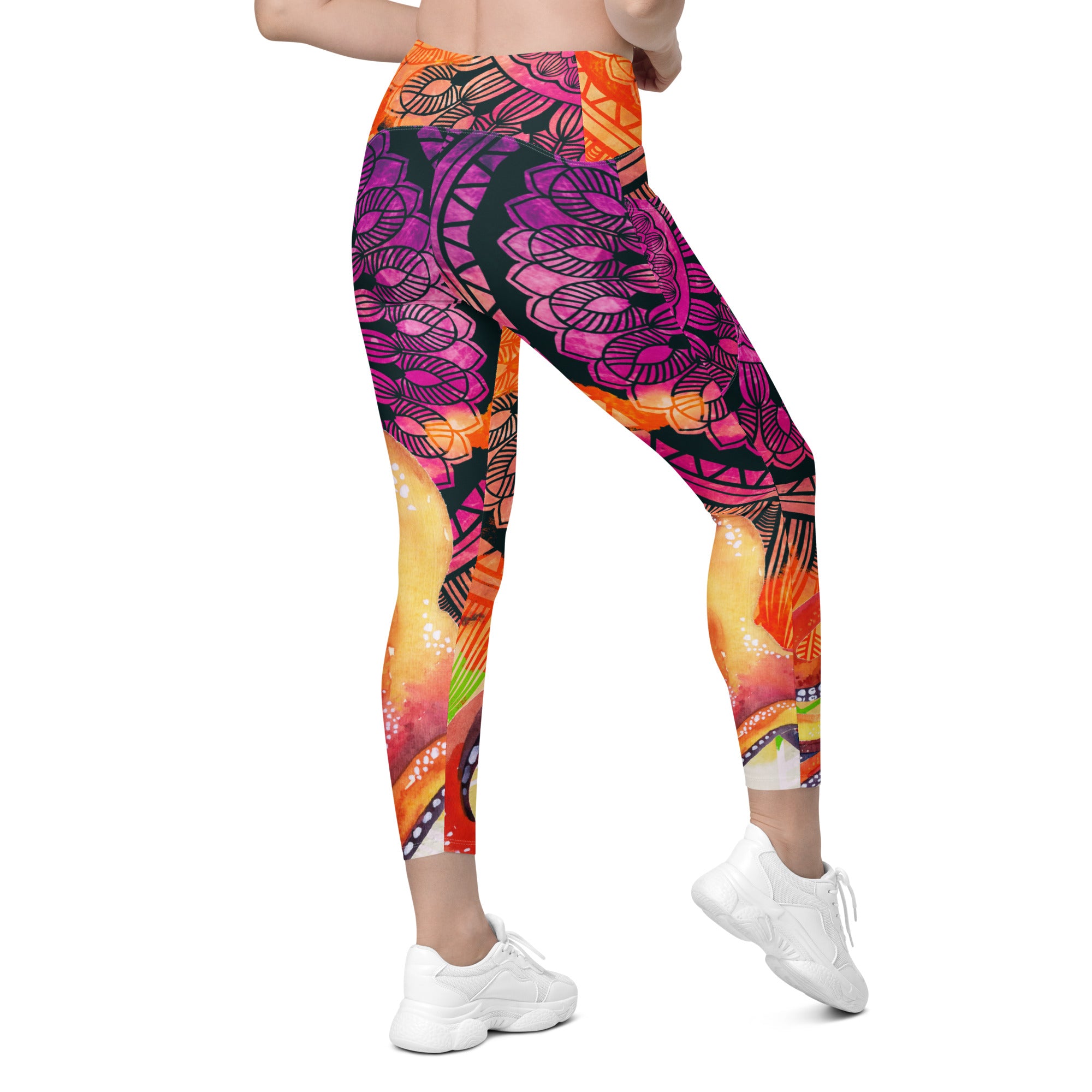 Orange Purple Mandala Crossover leggings with pockets