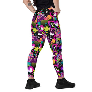 Neon Hearts on Black Crossover leggings with pockets