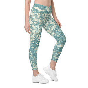 Teal Flowers and Swirls on Cream Crossover leggings with pockets