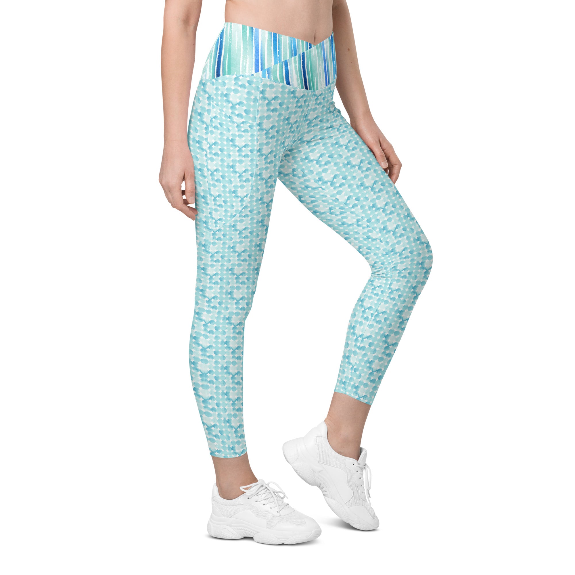 Turquoise Watercolor Dots and Stripes Crossover leggings with pockets