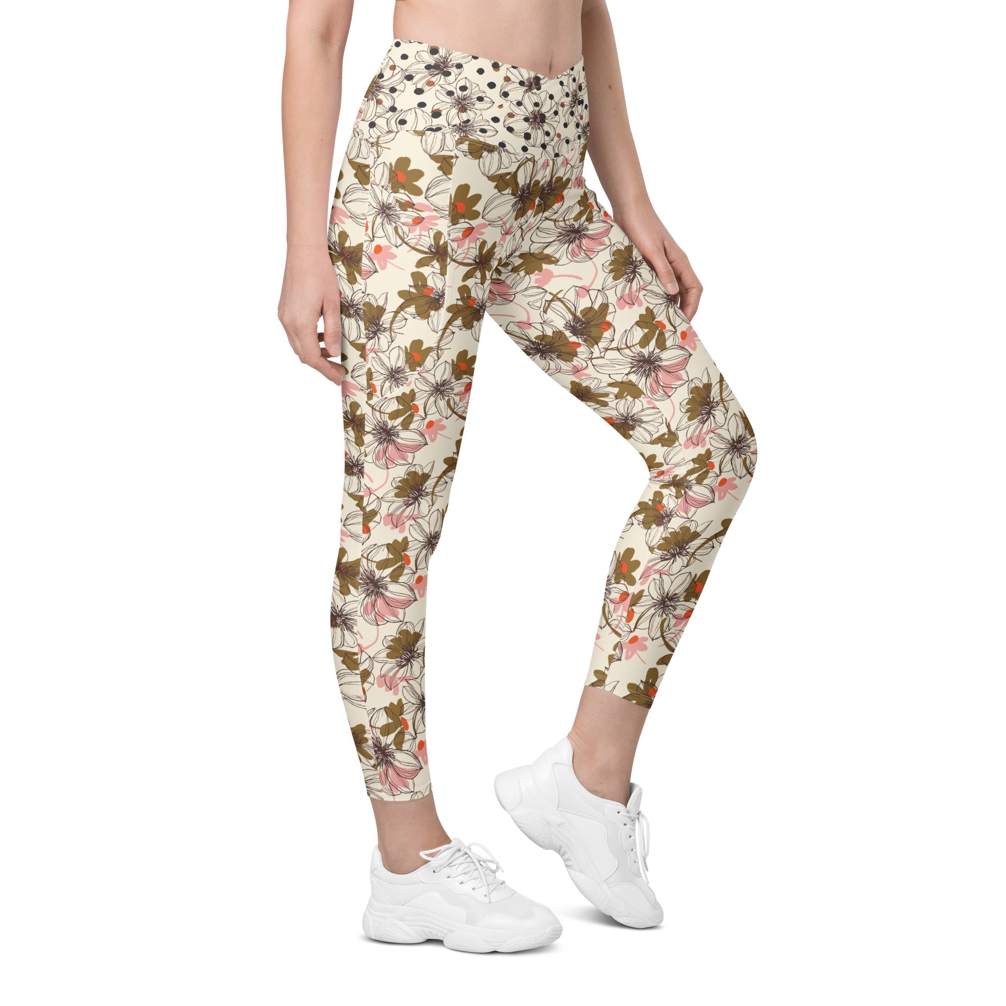 Cream, Pink and Brown Crossover leggings with pockets