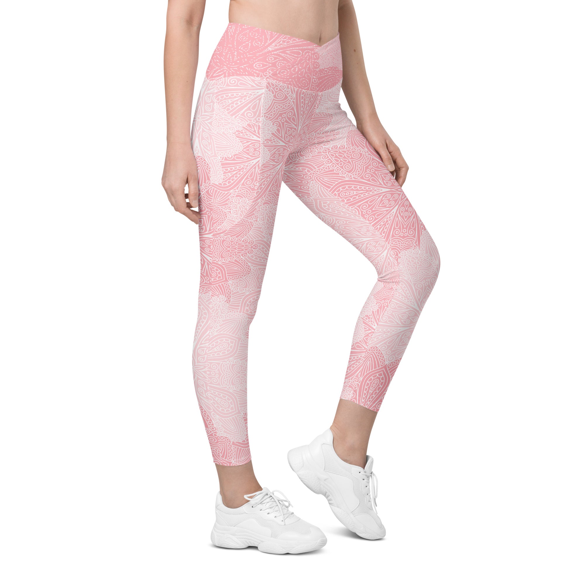 Pink and White Floral Crossover leggings with pockets