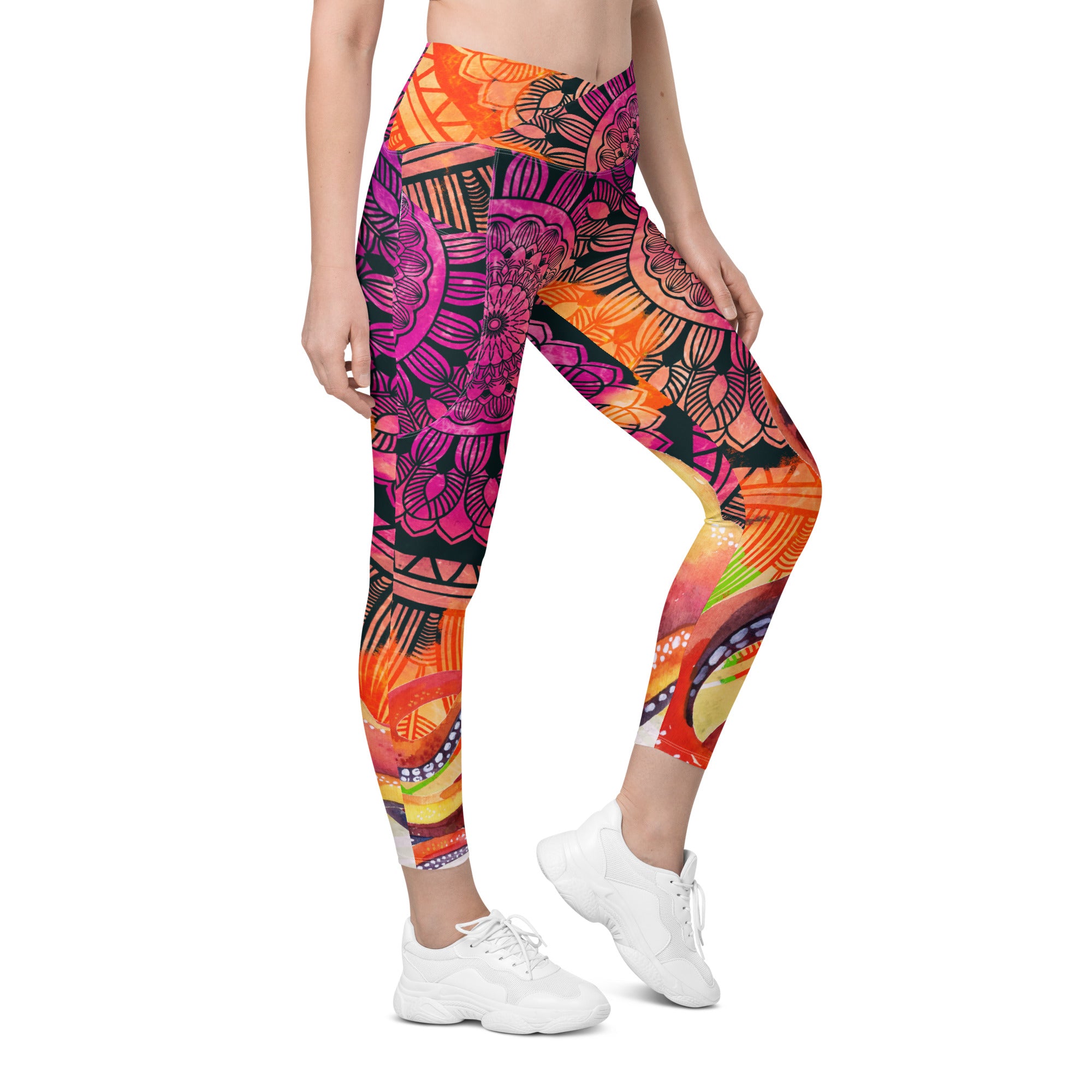 Orange Purple Mandala Crossover leggings with pockets