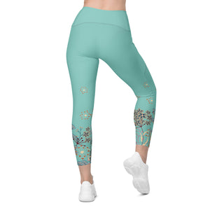 All Turquoise with a Touch of Flowers Leggings with pockets