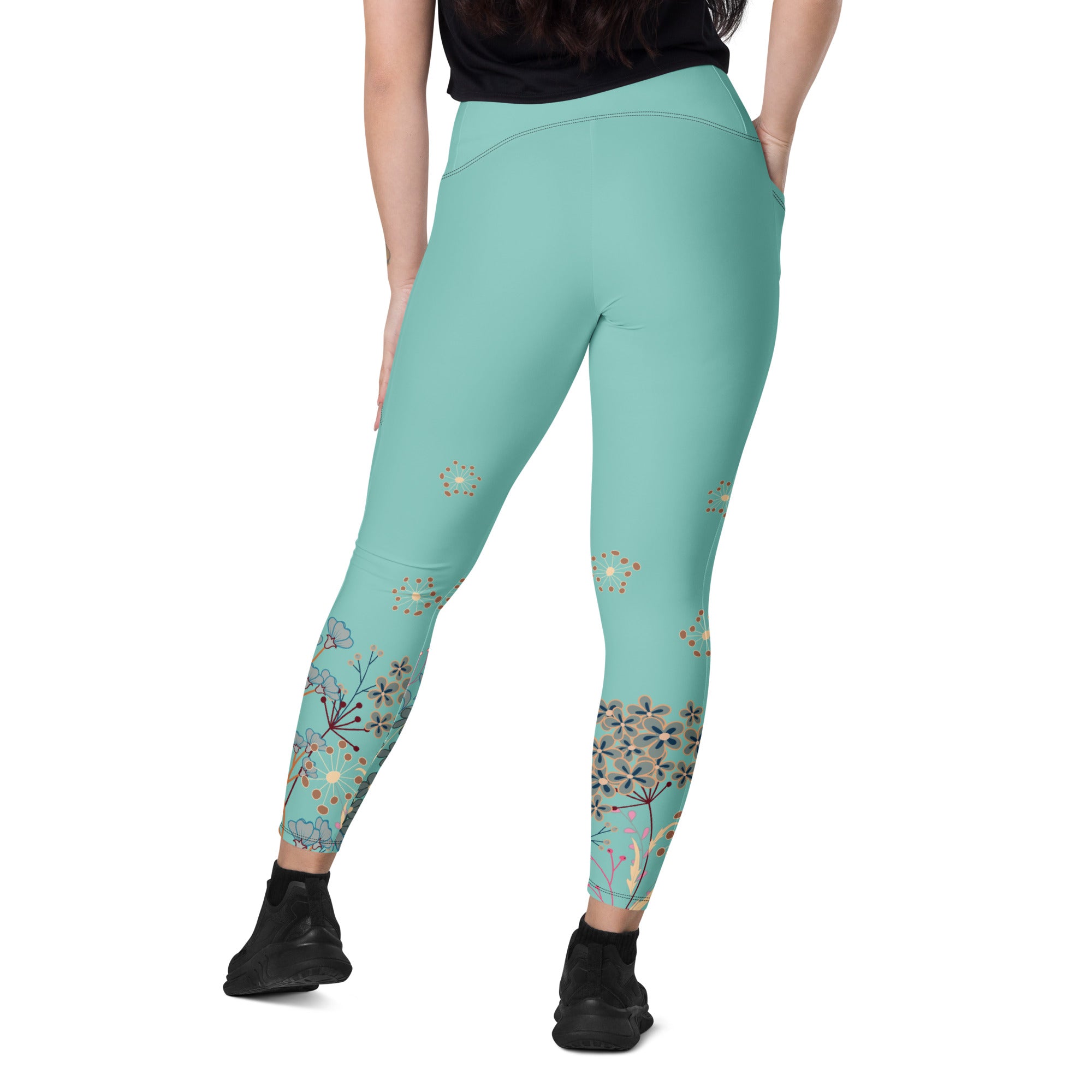 All Turquoise with a Touch of Flowers Leggings with pockets