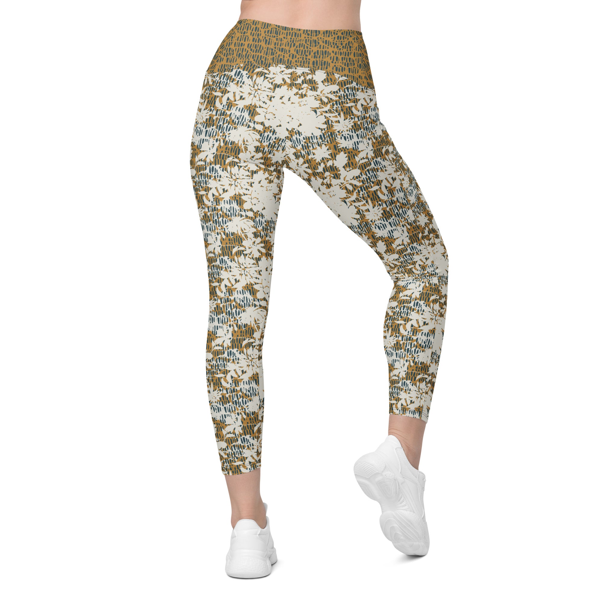 Creamy Flowers on Gold Background with Teal Leggings with pockets