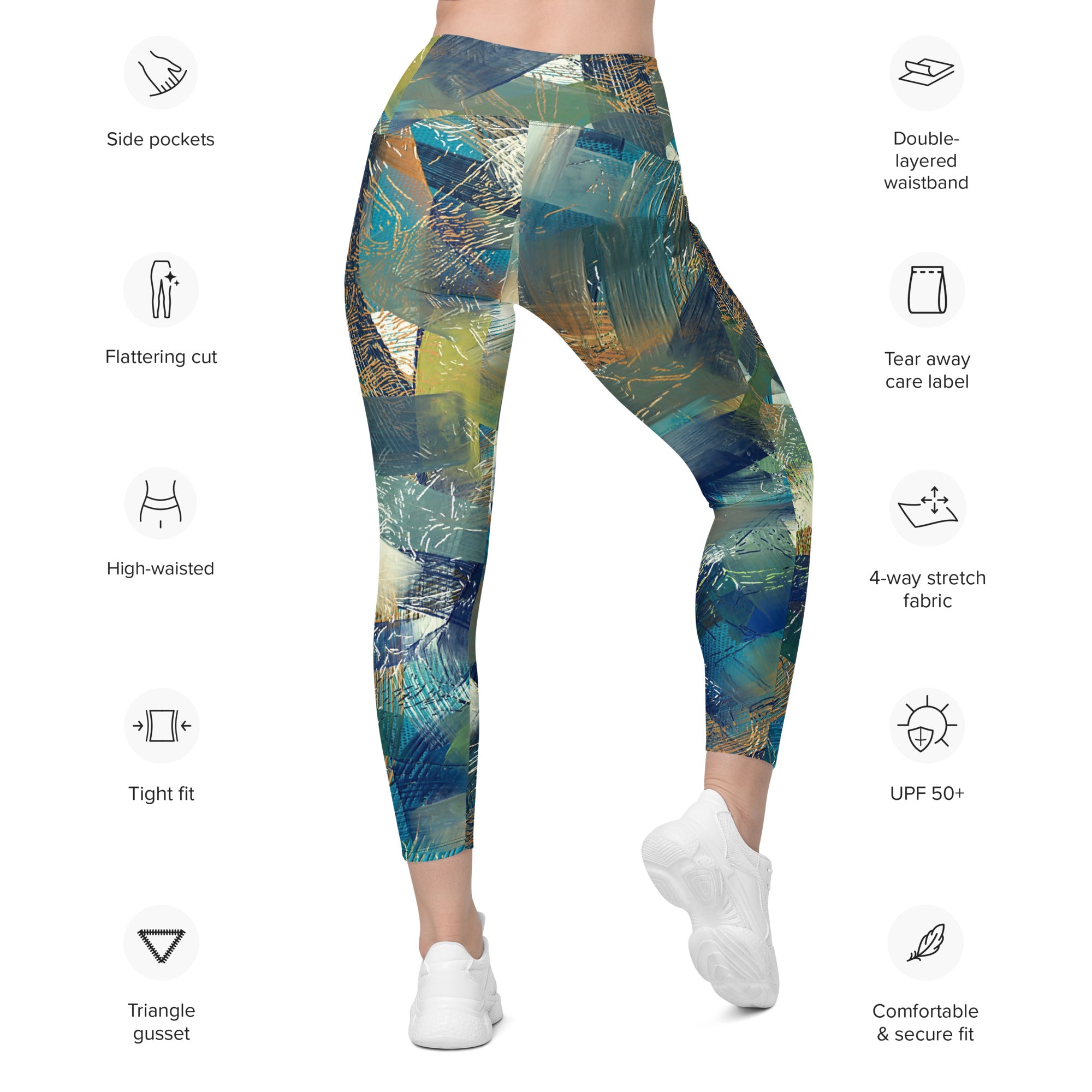 Abstract Blues and Greens Leggings with pockets