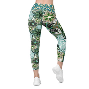 Turquoise and Green Geometric Flowers Leggings with pockets