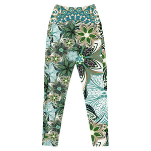 Turquoise and Green Geometric Flowers Leggings with pockets