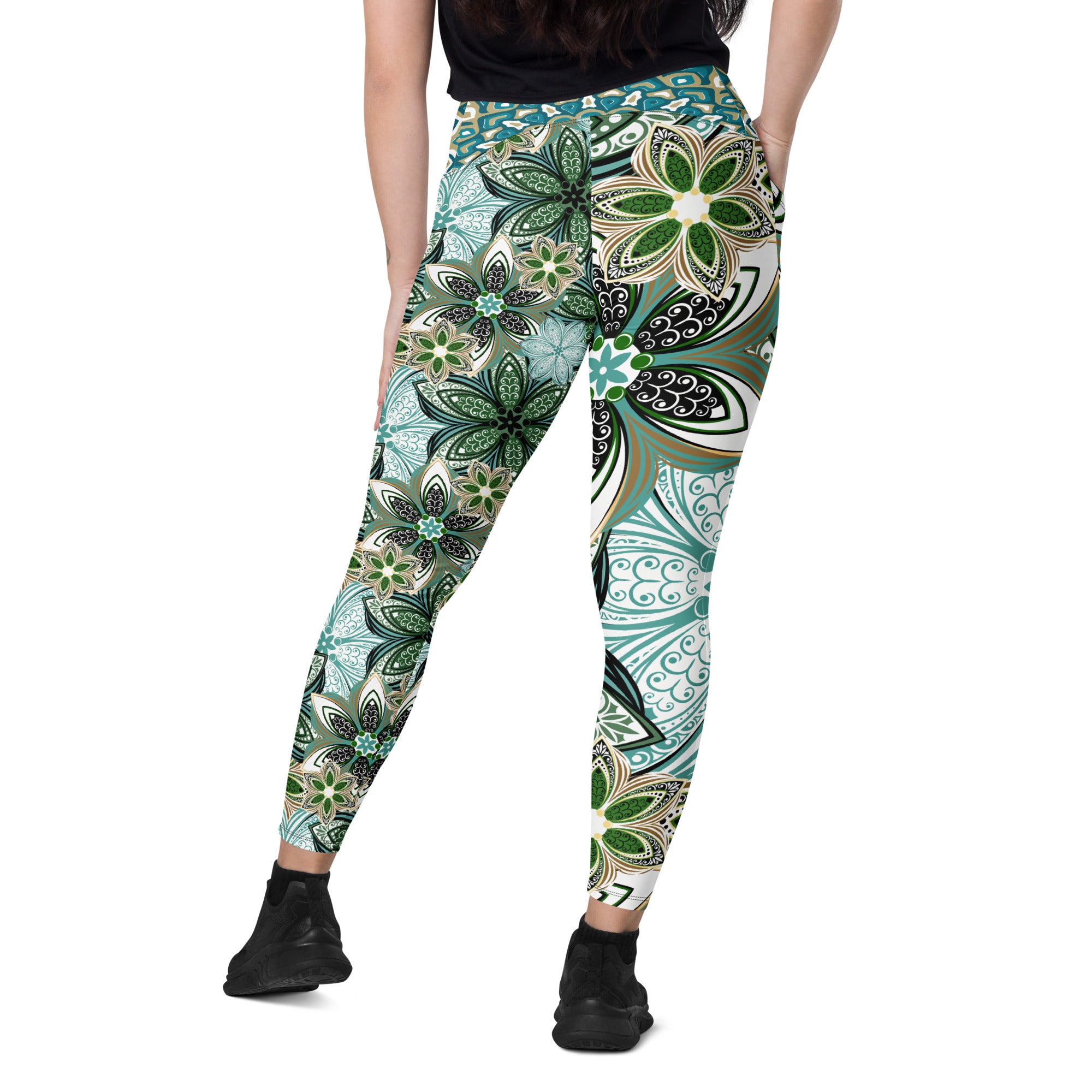 Turquoise and Green Geometric Flowers Leggings with pockets