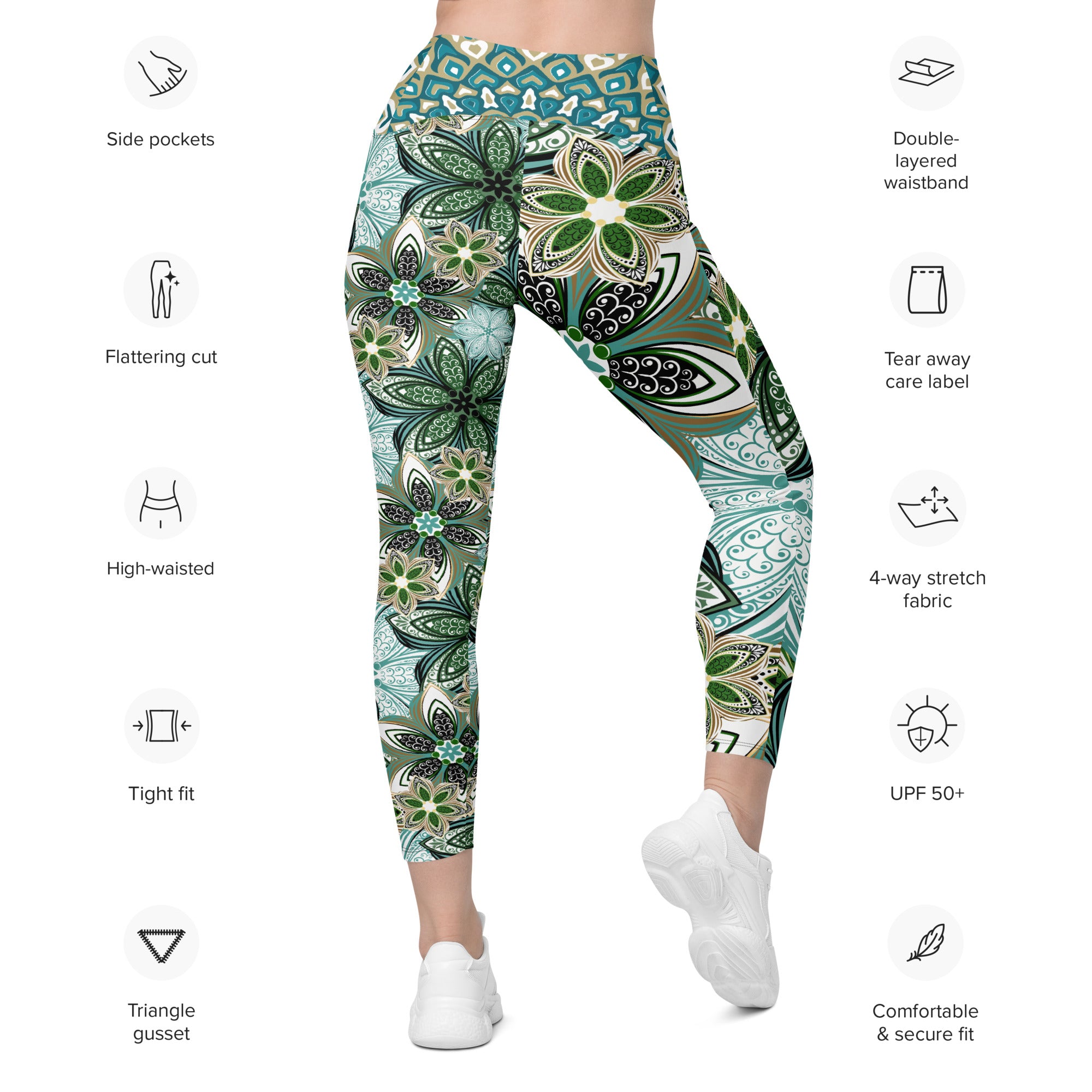 Turquoise and Green Geometric Flowers Leggings with pockets