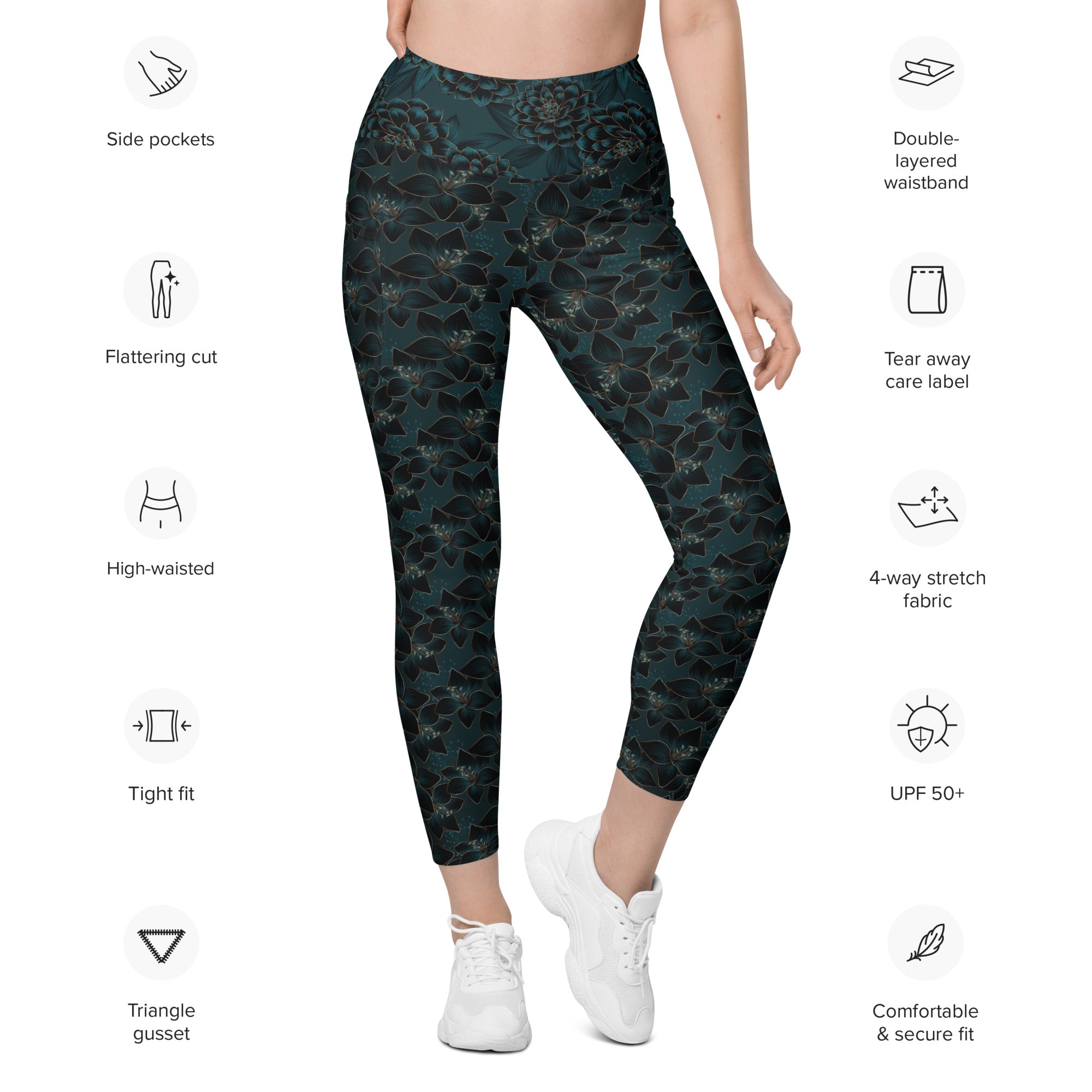 Teal Flowers Leggings with pockets