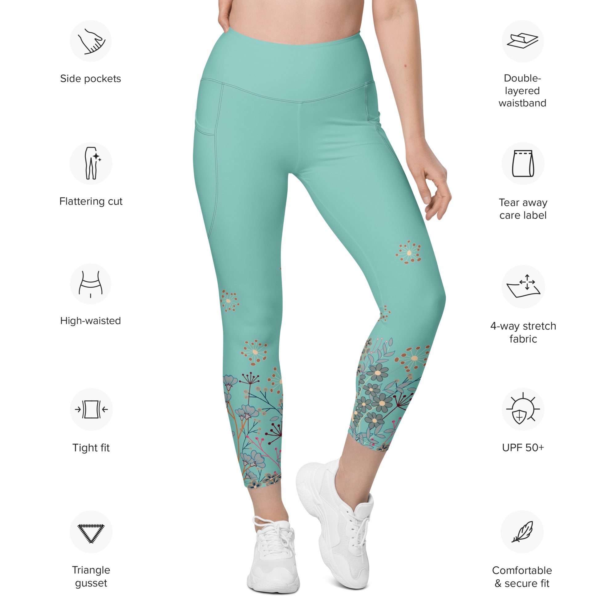 All Turquoise with a Touch of Flowers Leggings with pockets