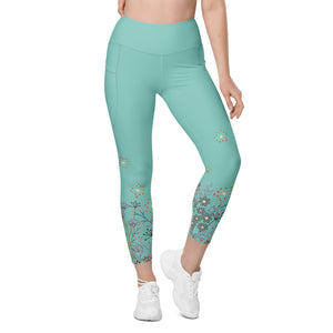 All Turquoise with a Touch of Flowers Leggings with pockets