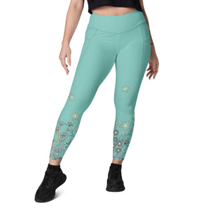 All Turquoise with a Touch of Flowers Leggings with pockets