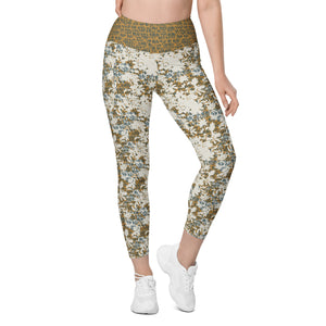 Creamy Flowers on Gold Background with Teal Leggings with pockets