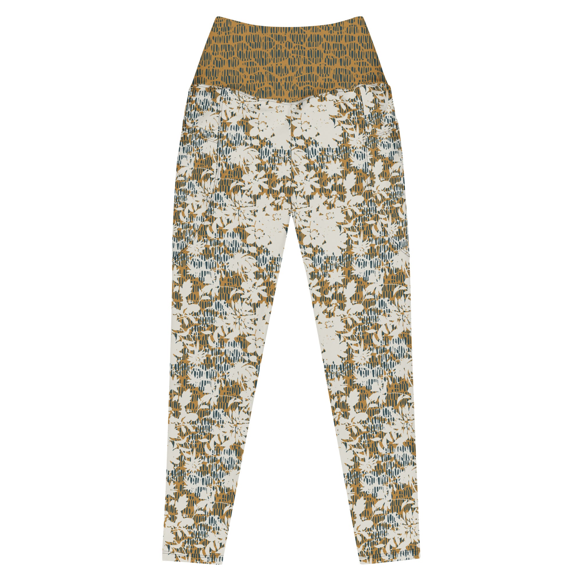 Creamy Flowers on Gold Background with Teal Leggings with pockets