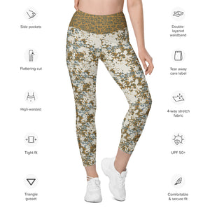 Creamy Flowers on Gold Background with Teal Leggings with pockets