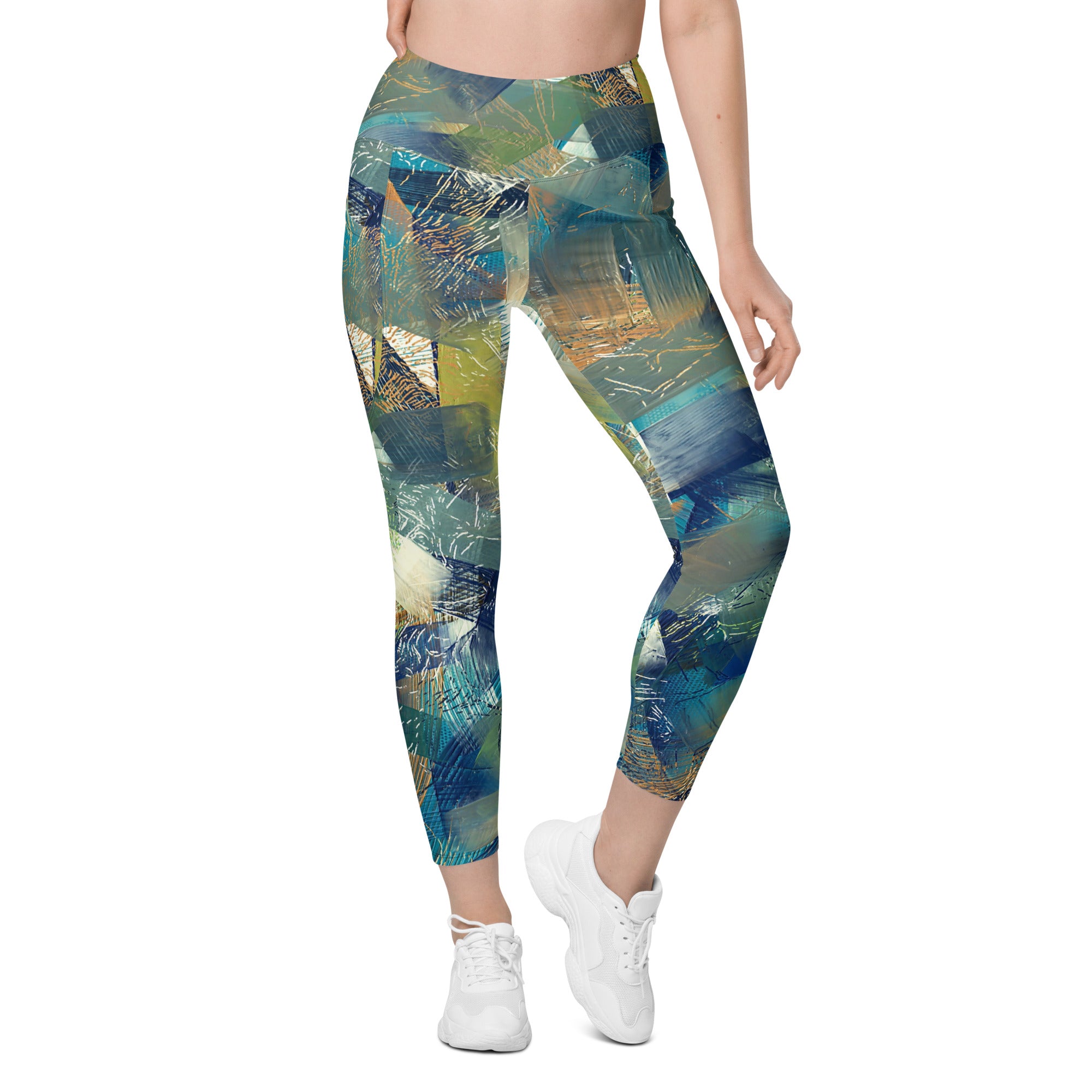 Abstract Blues and Greens Leggings with pockets