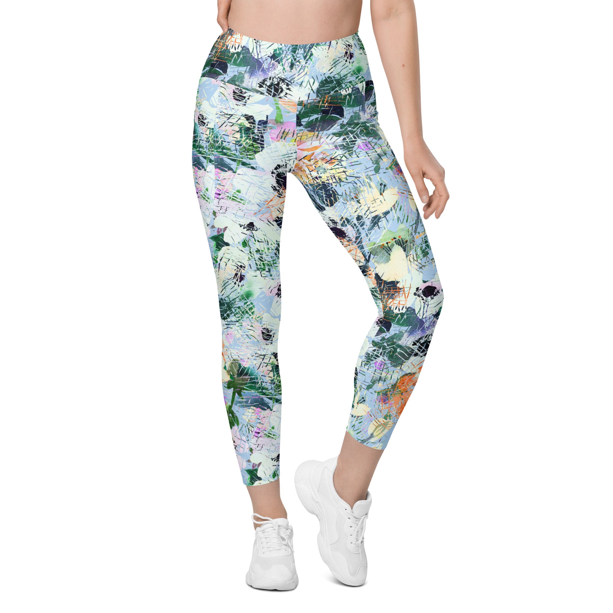 Blue Abstract Floral Leggings with pockets