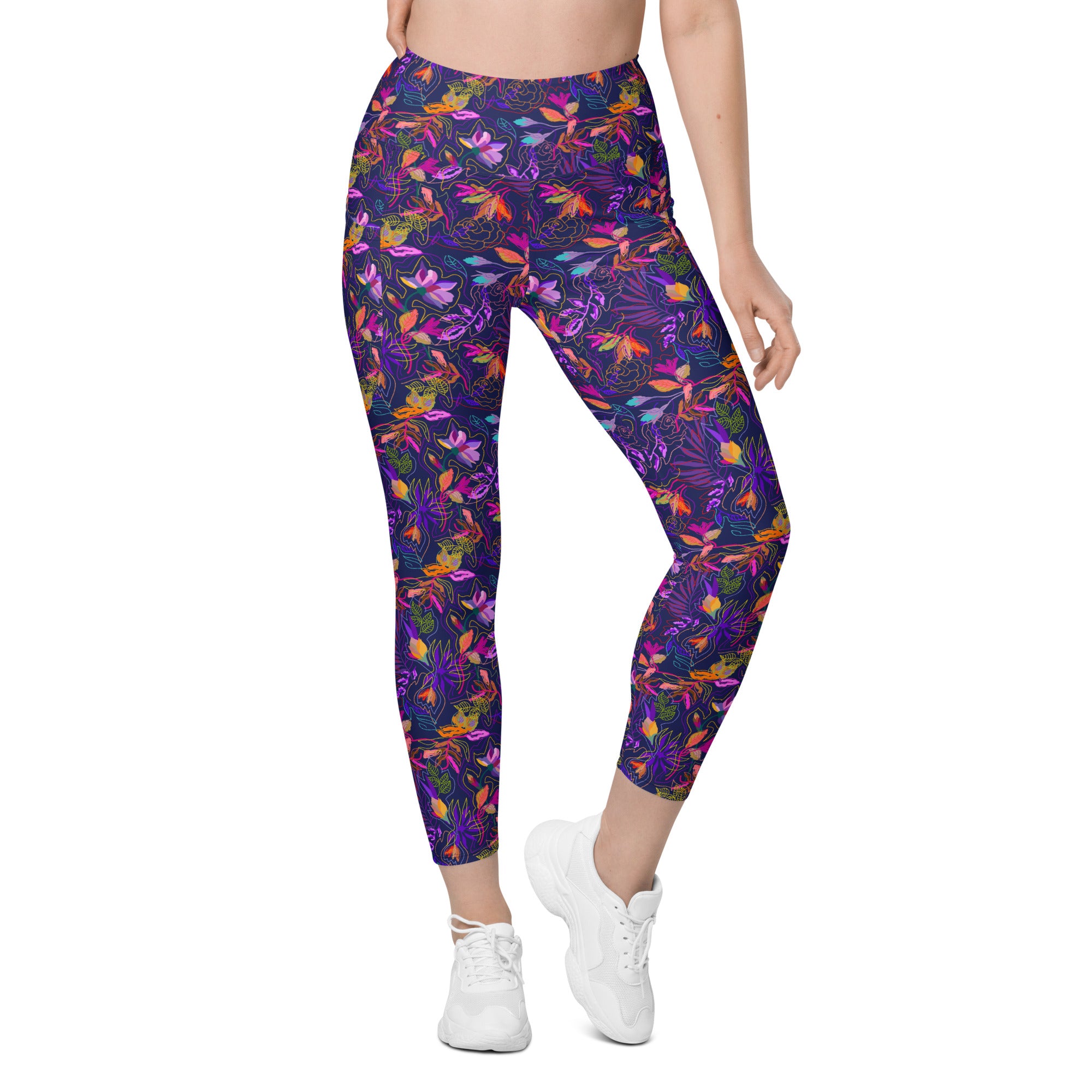 Neon Flowers on Purple Leggings with pockets