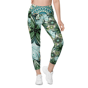 Turquoise and Green Geometric Flowers Leggings with pockets