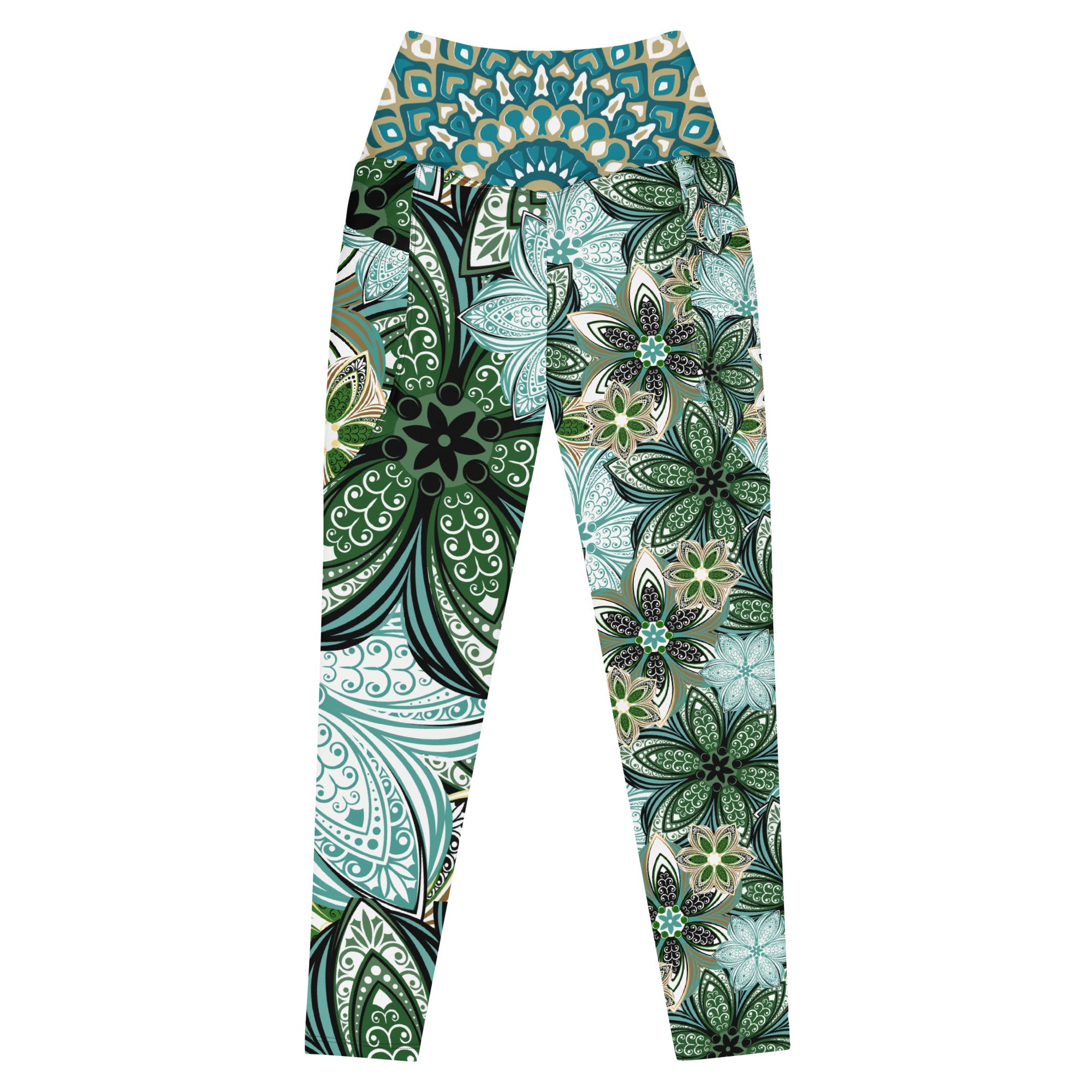 Turquoise and Green Geometric Flowers Leggings with pockets