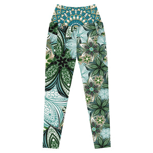 Turquoise and Green Geometric Flowers Leggings with pockets