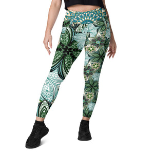 Turquoise and Green Geometric Flowers Leggings with pockets