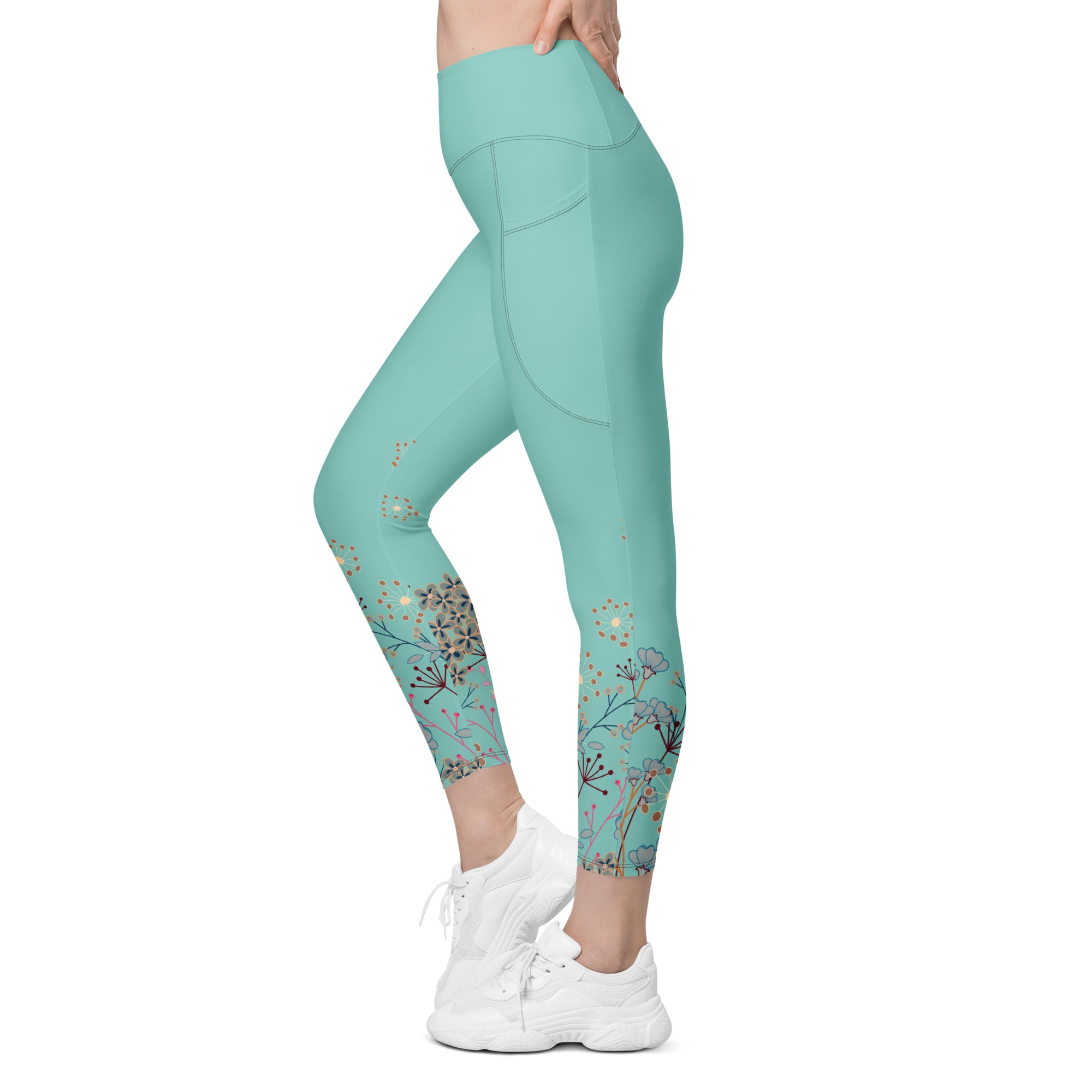 All Turquoise with a Touch of Flowers Leggings with pockets