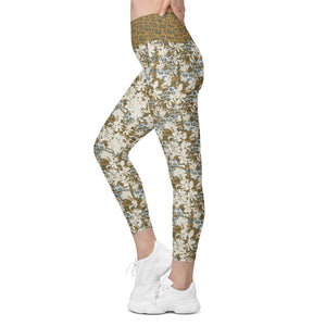 Creamy Flowers on Gold Background with Teal Leggings with pockets