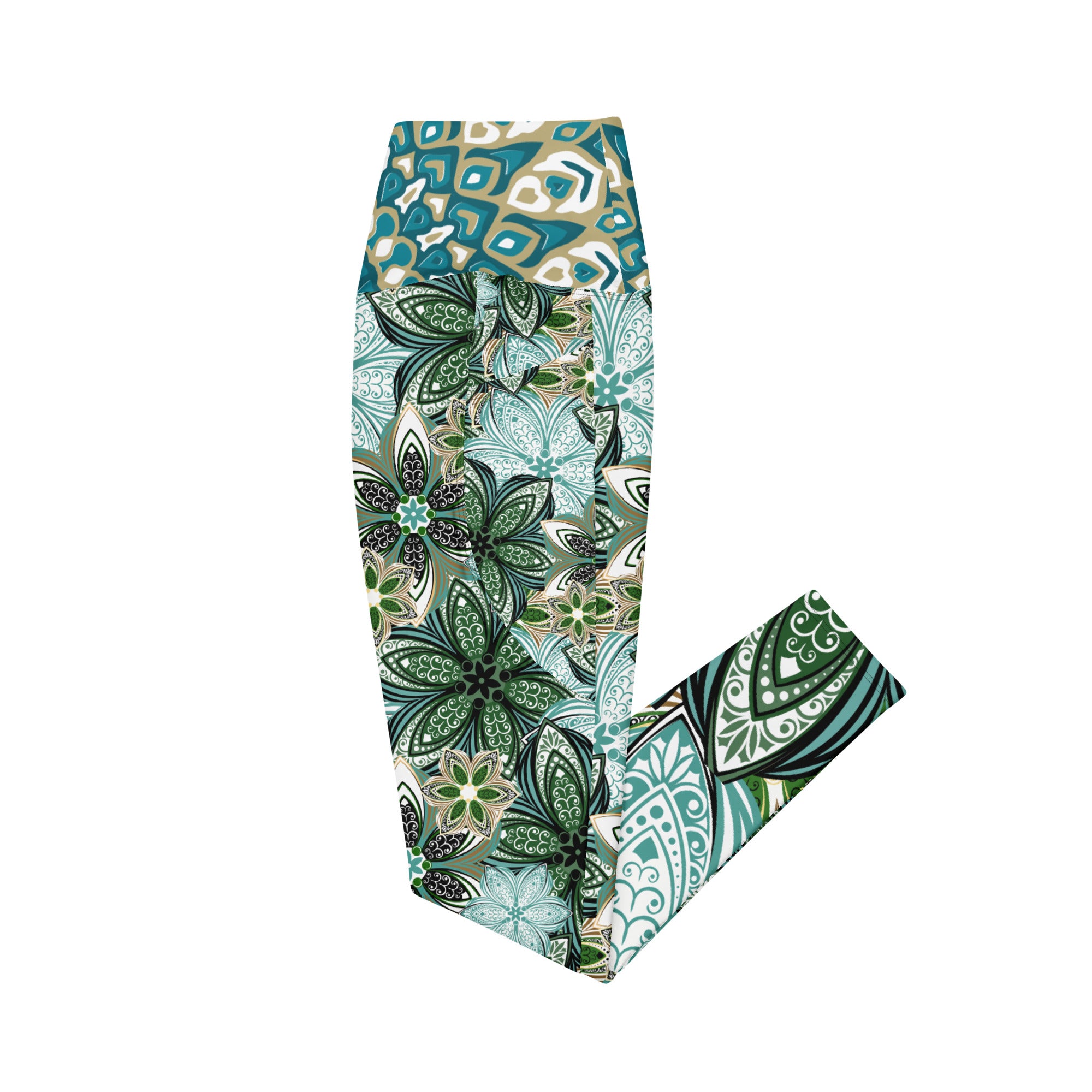 Turquoise and Green Geometric Flowers Leggings with pockets