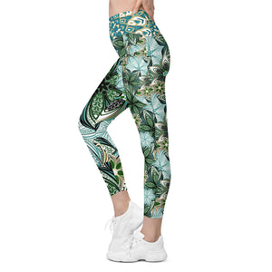 Turquoise and Green Geometric Flowers Leggings with pockets