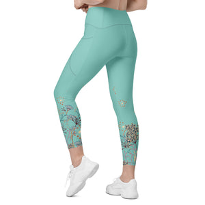 All Turquoise with a Touch of Flowers Leggings with pockets