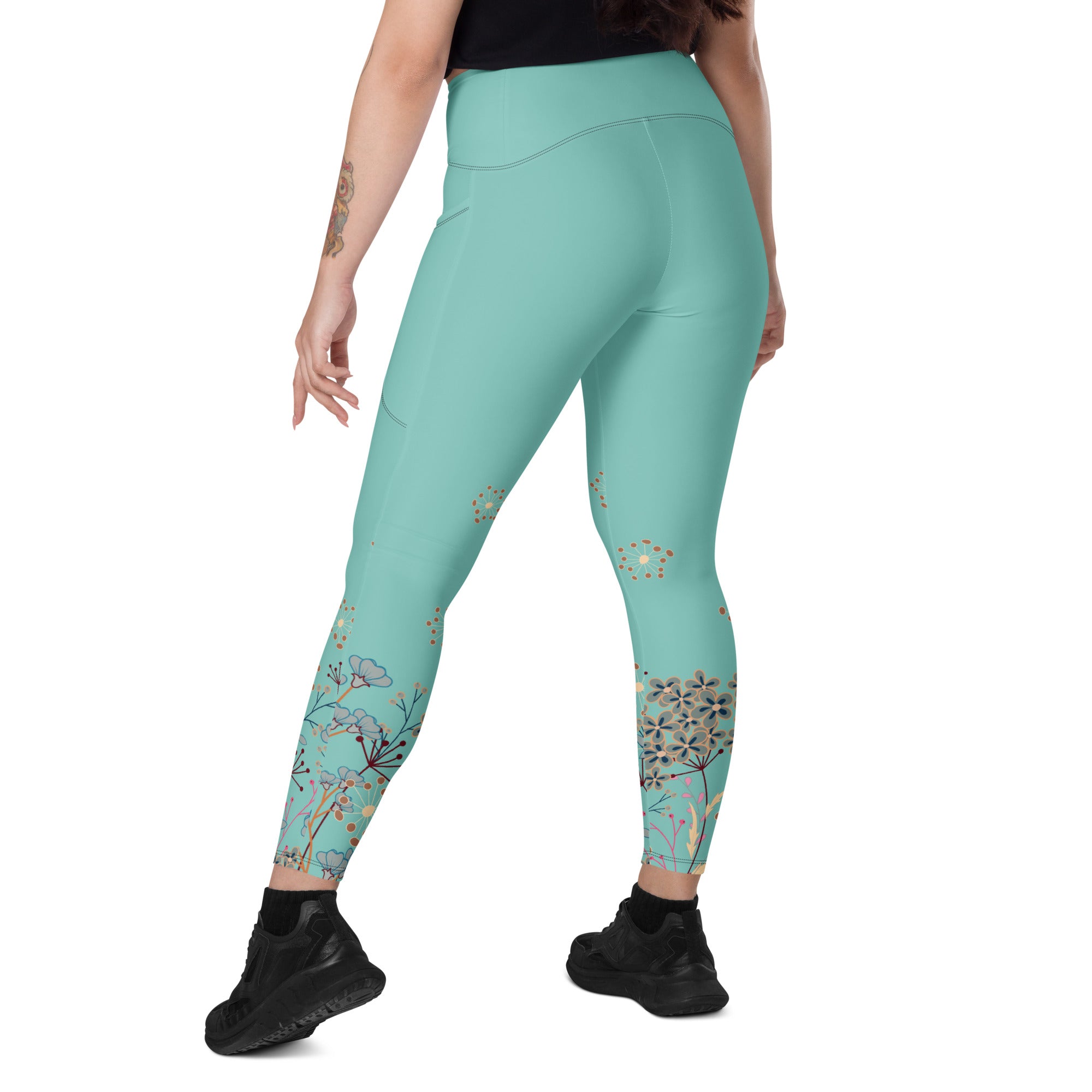 All Turquoise with a Touch of Flowers Leggings with pockets