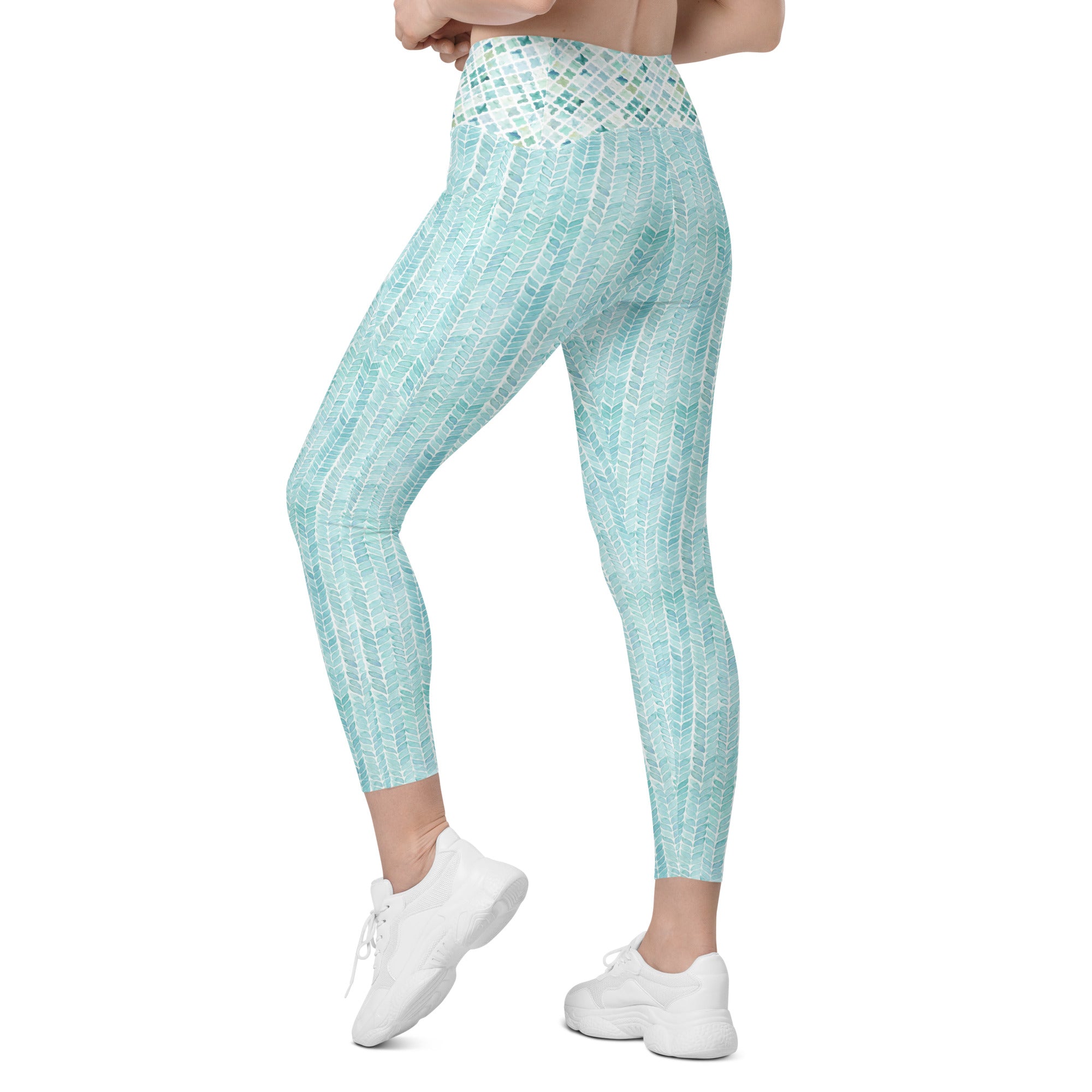 Turquoise Watercolor Vertical Stripes Leggings with pockets