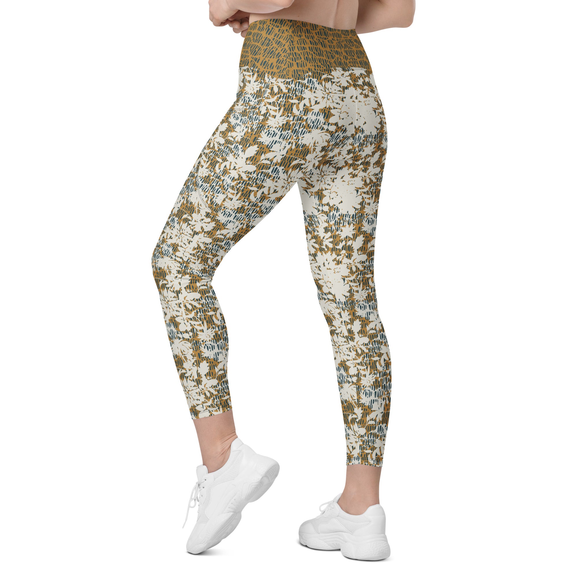 Creamy Flowers on Gold Background with Teal Leggings with pockets