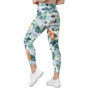 Blue Abstract Floral Leggings with pockets