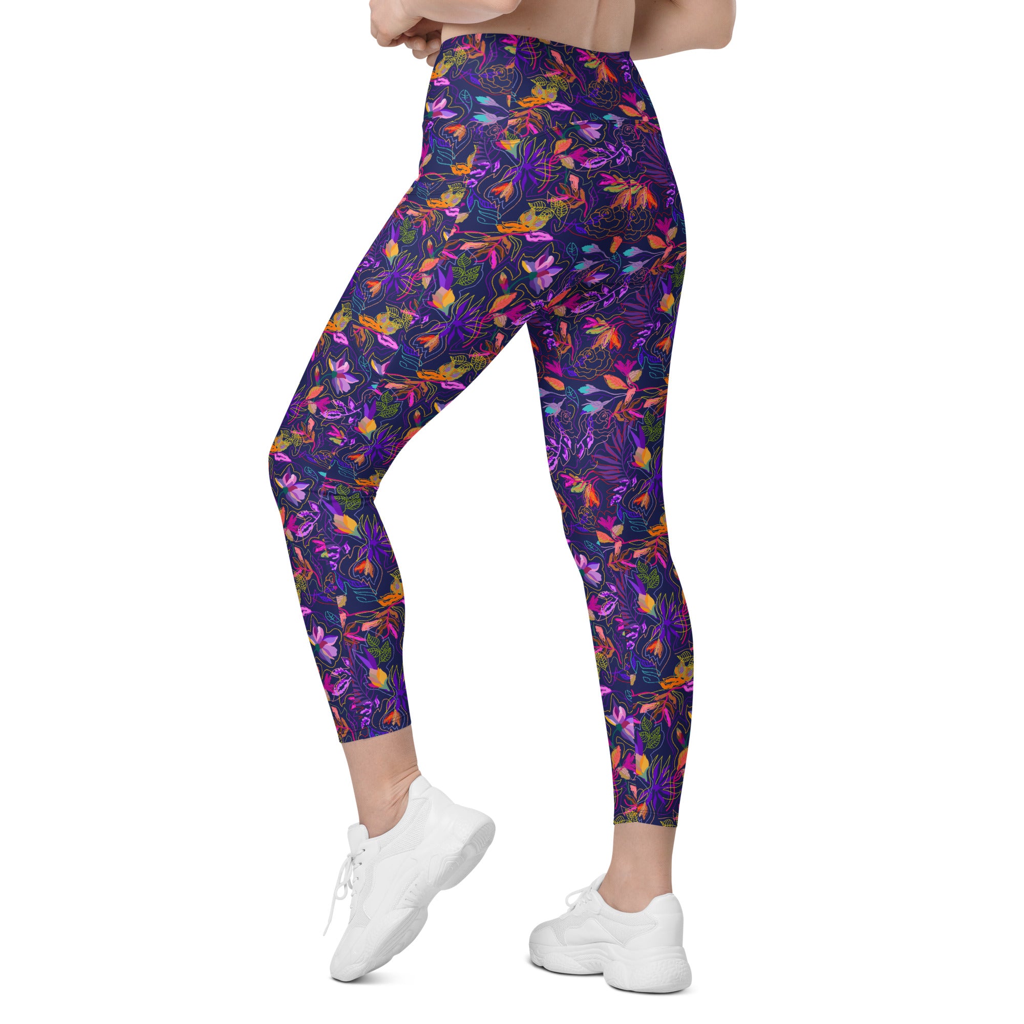 Neon Flowers on Purple Leggings with pockets