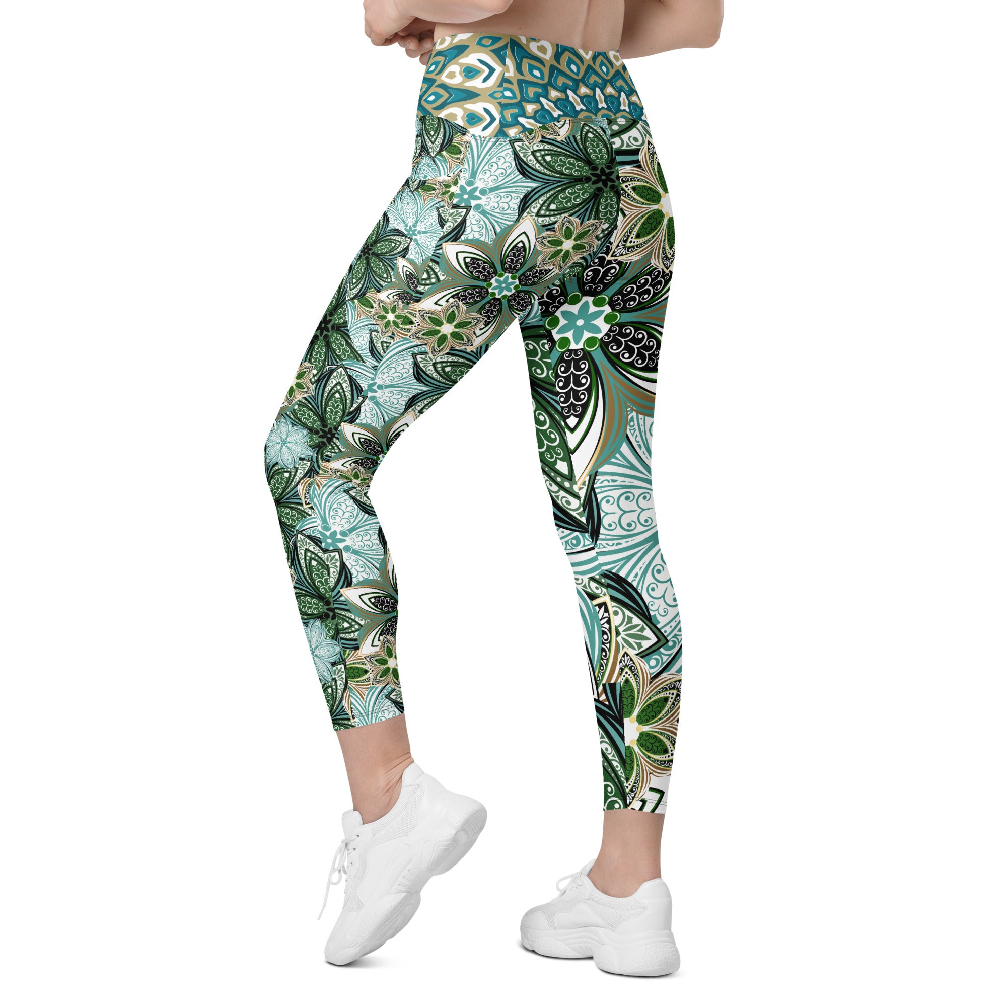 Turquoise and Green Geometric Flowers Leggings with pockets