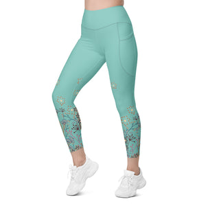 All Turquoise with a Touch of Flowers Leggings with pockets