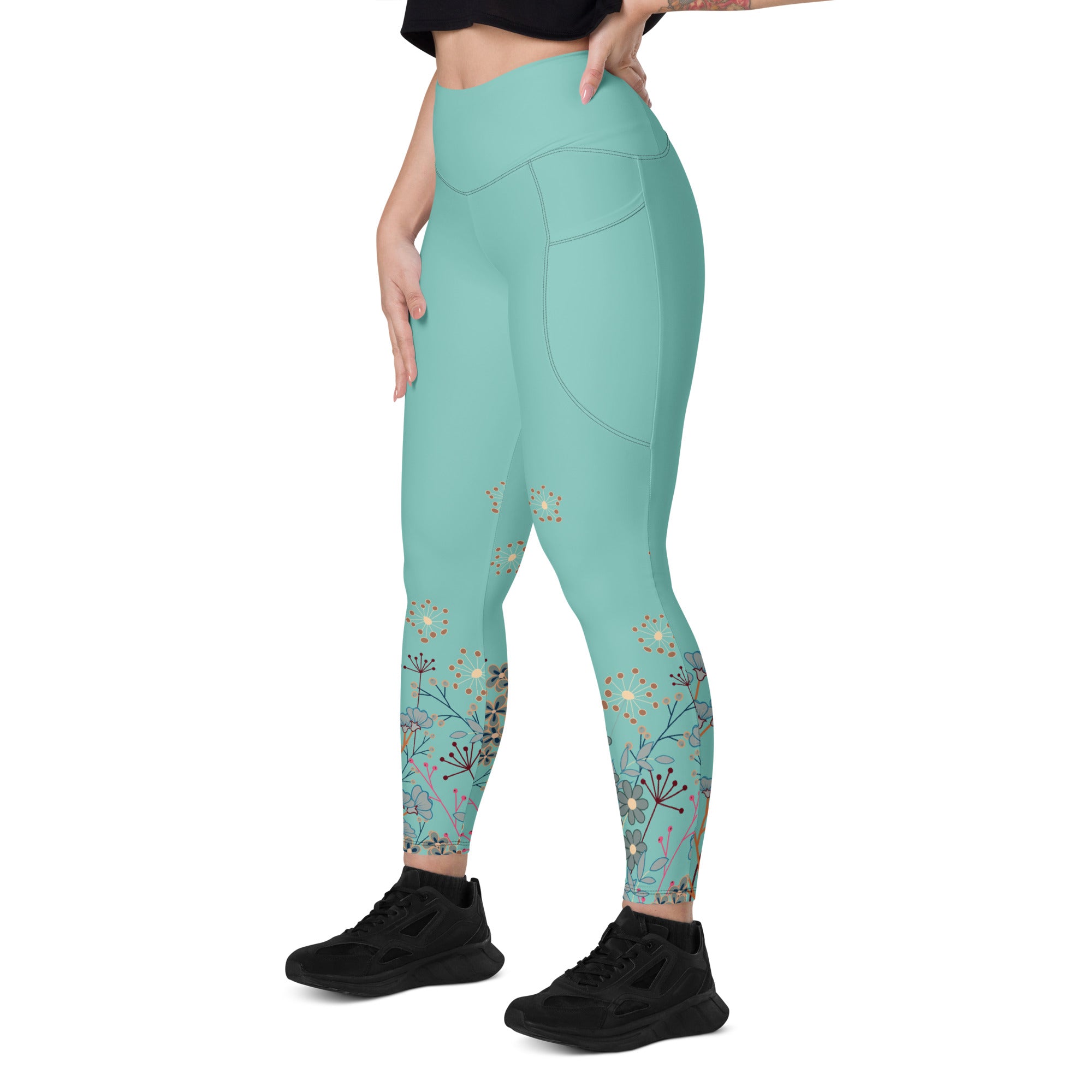 All Turquoise with a Touch of Flowers Leggings with pockets