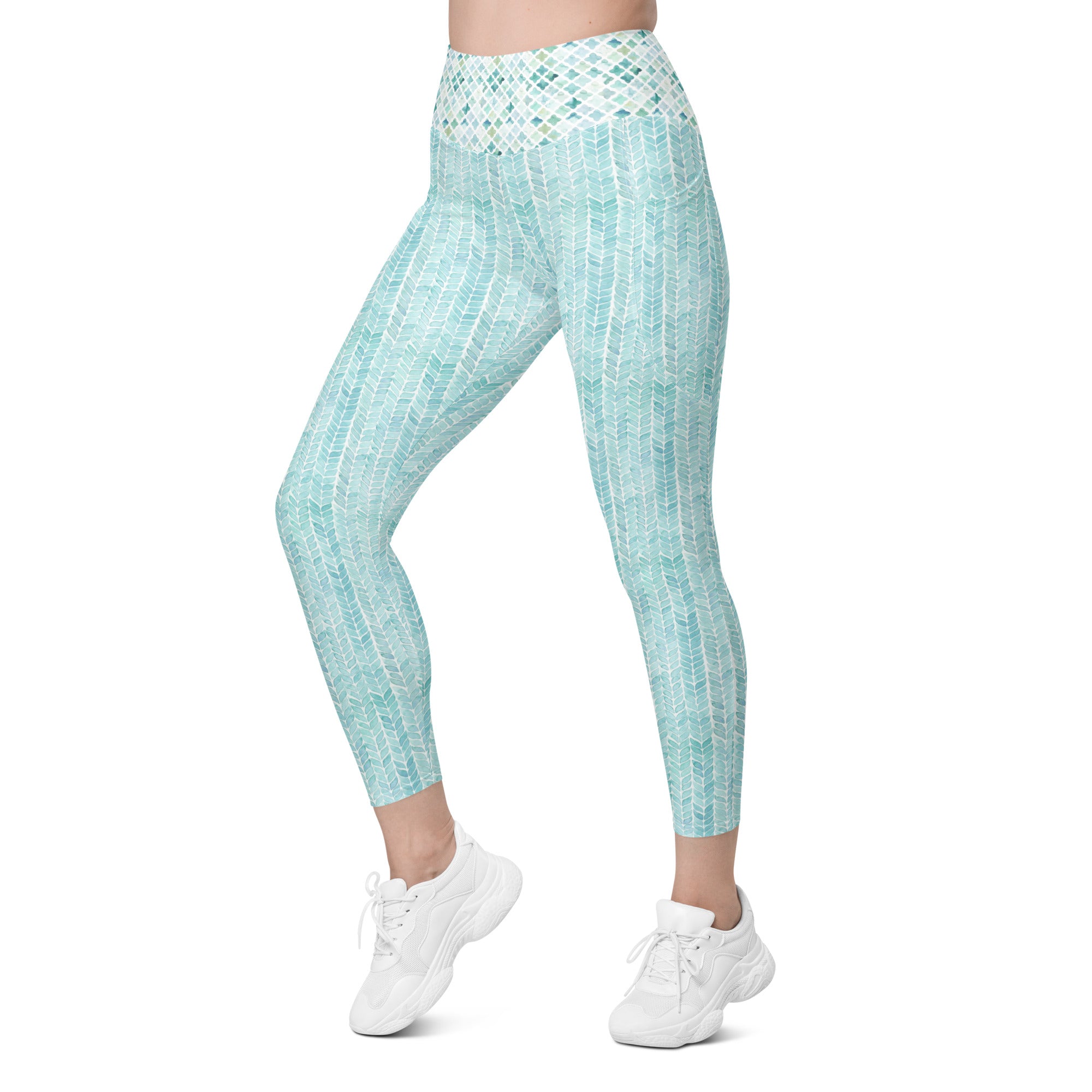 Turquoise Watercolor Vertical Stripes Leggings with pockets