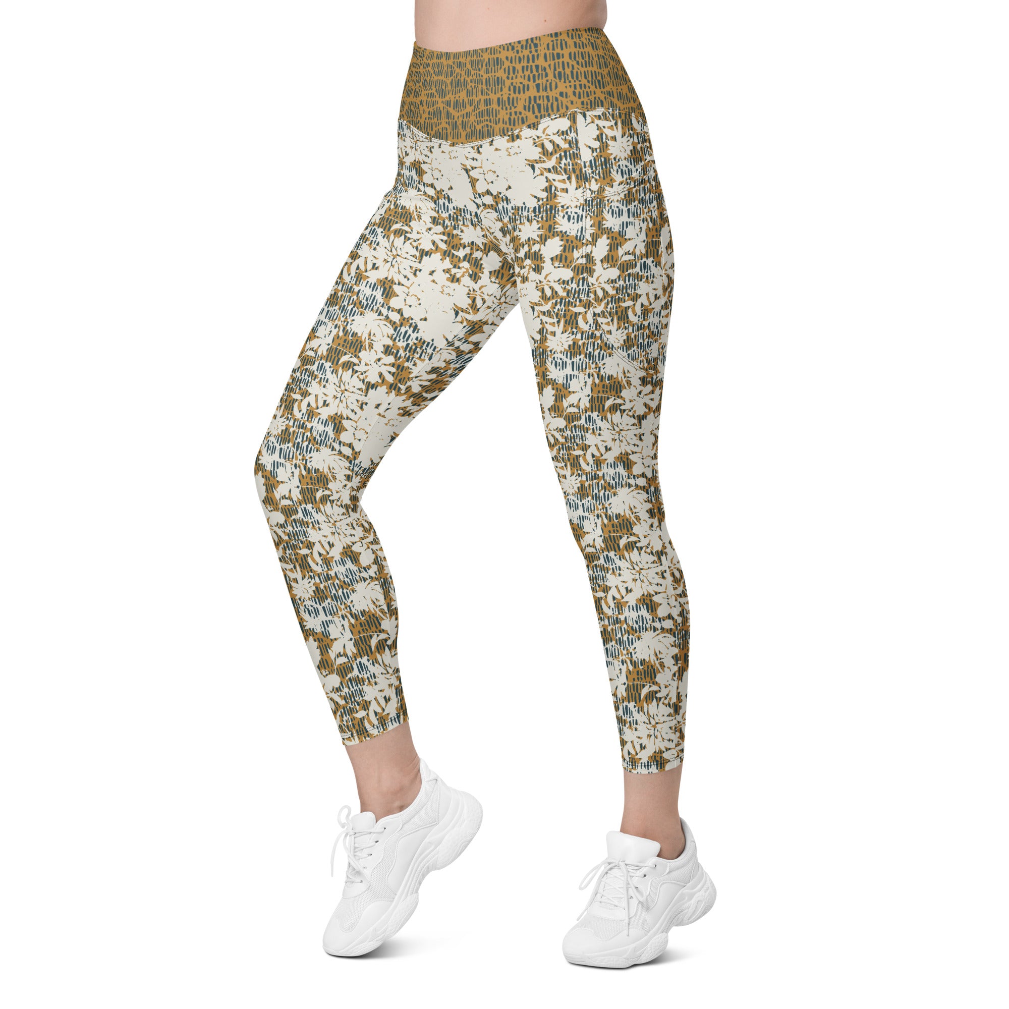 Creamy Flowers on Gold Background with Teal Leggings with pockets