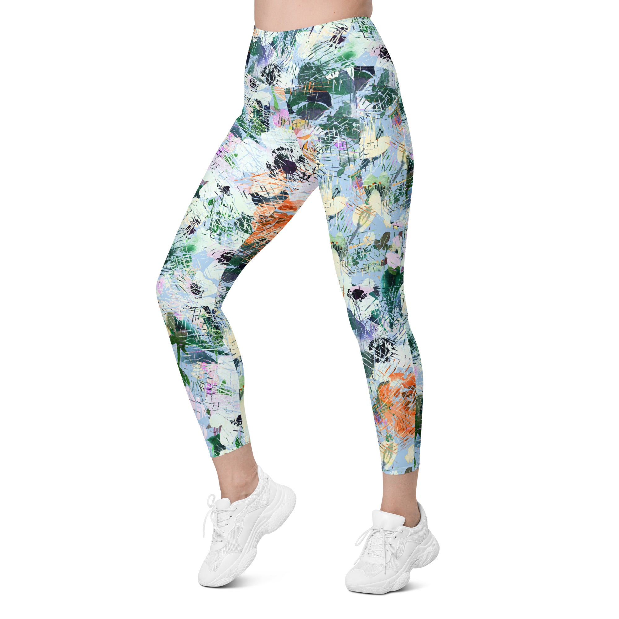 Blue Abstract Floral Leggings with pockets