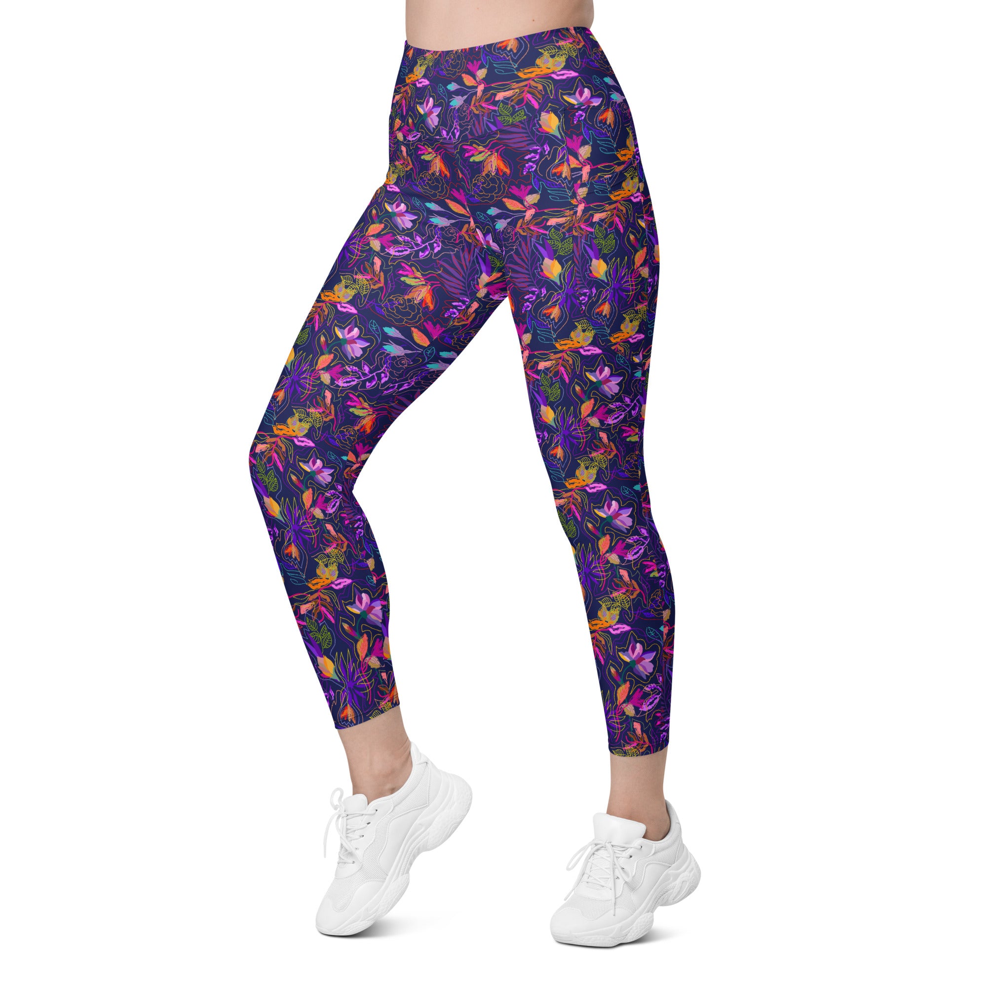 Neon Flowers on Purple Leggings with pockets