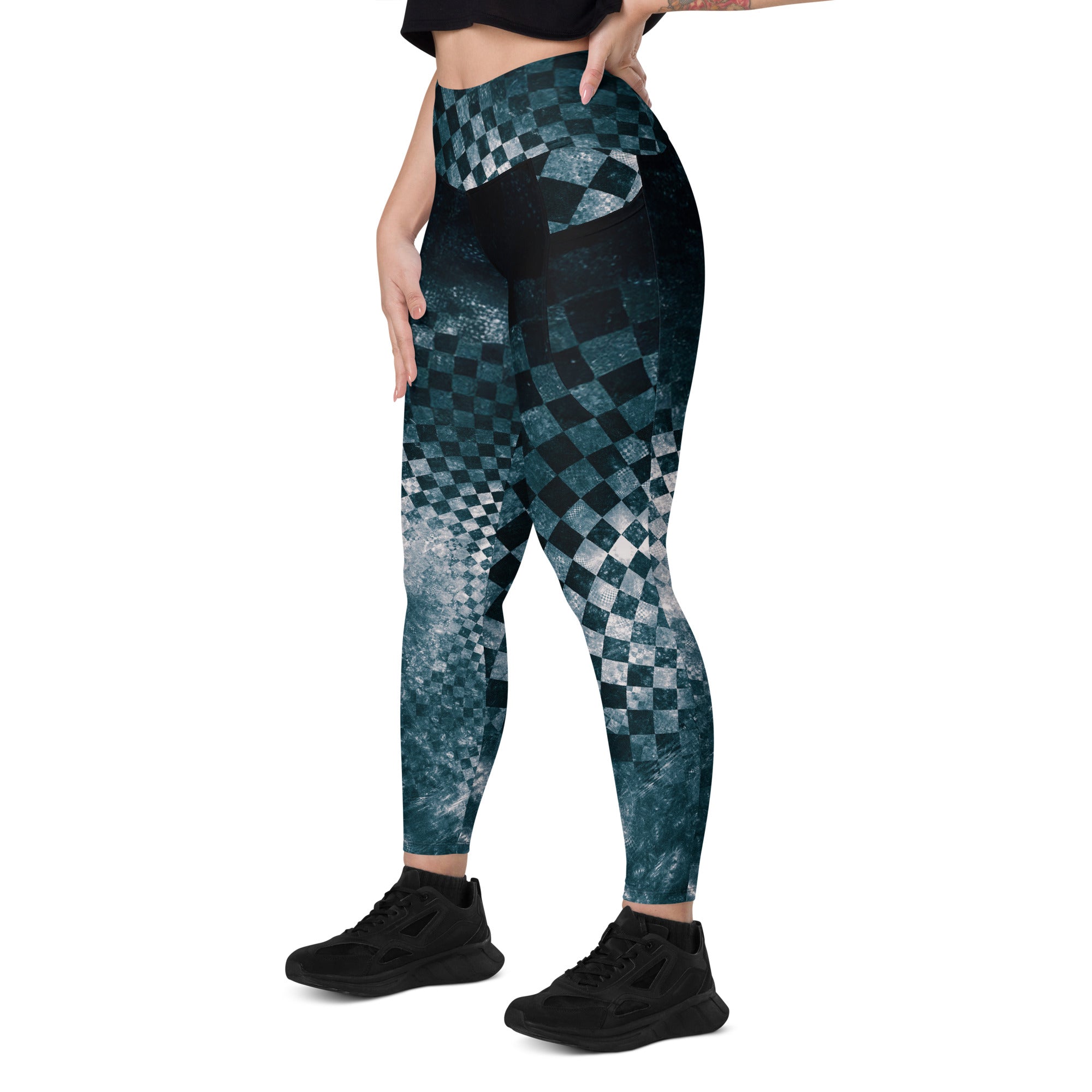 Black Teal Checks Explosion Leggings w pockets