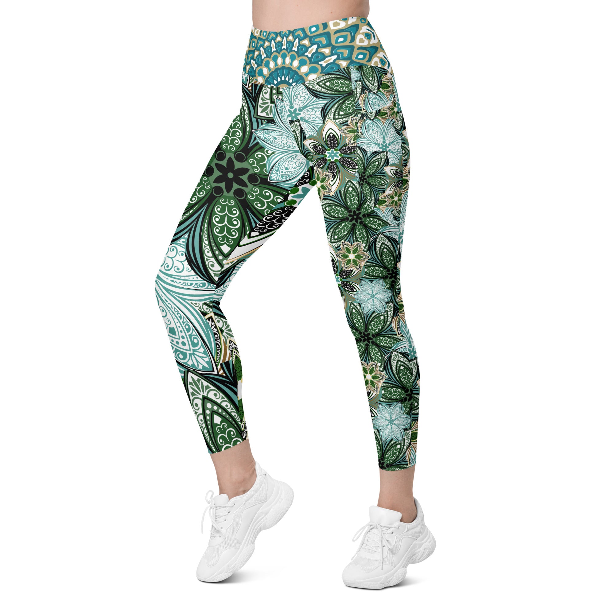 Turquoise and Green Geometric Flowers Leggings with pockets