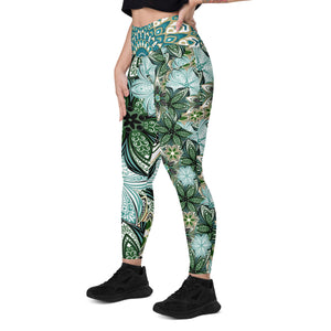 Turquoise and Green Geometric Flowers Leggings with pockets