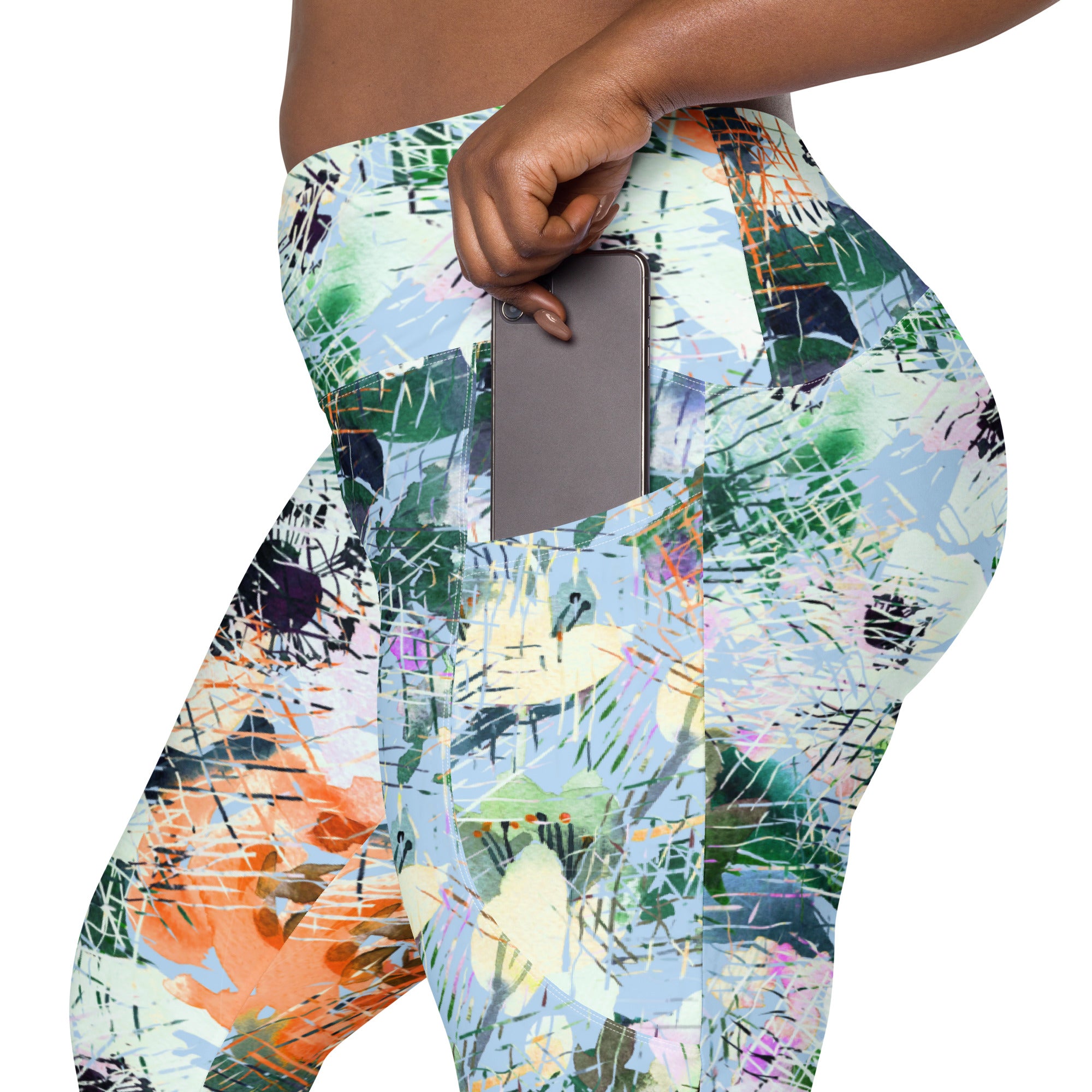 Blue Abstract Floral Leggings with pockets